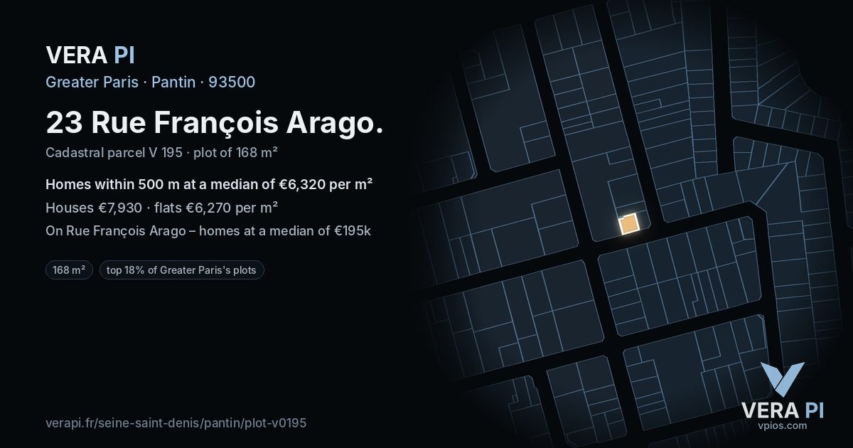 23 Rue François Arago, Pantin at night – the plot lit, the parcels around coloured by the prices near them