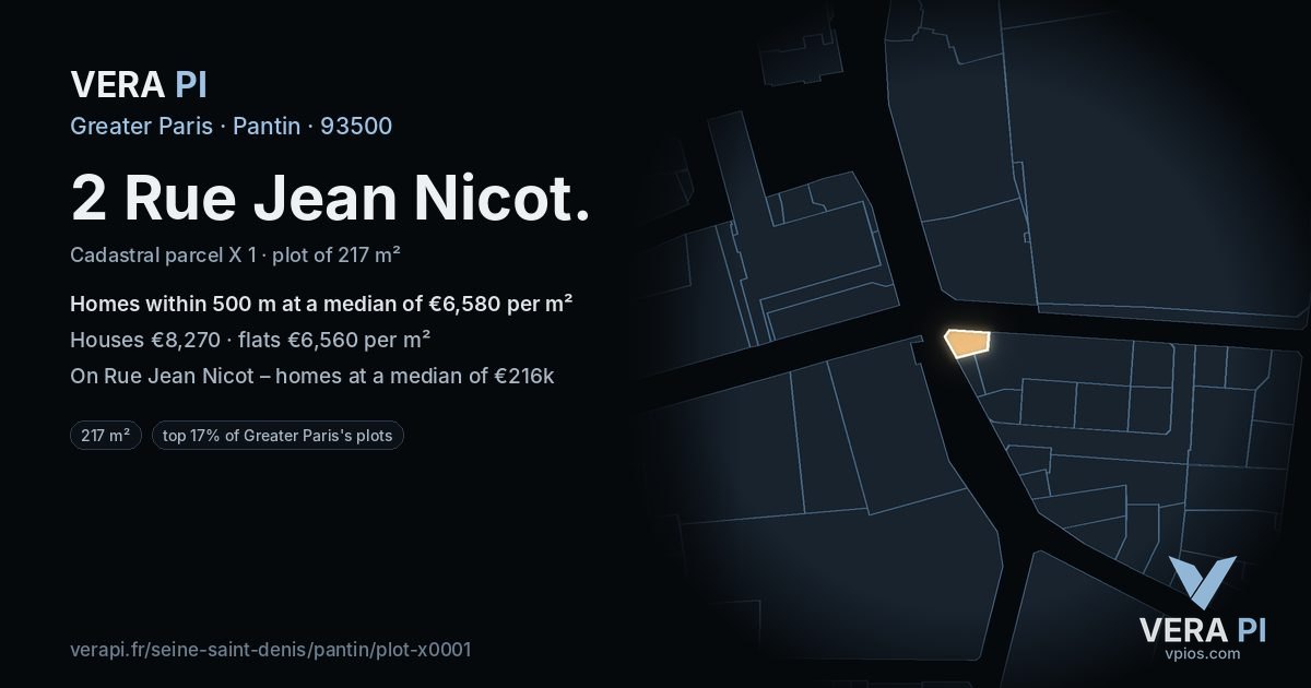 2 Rue Jean Nicot, Pantin at night – the plot lit, the parcels around coloured by the prices near them