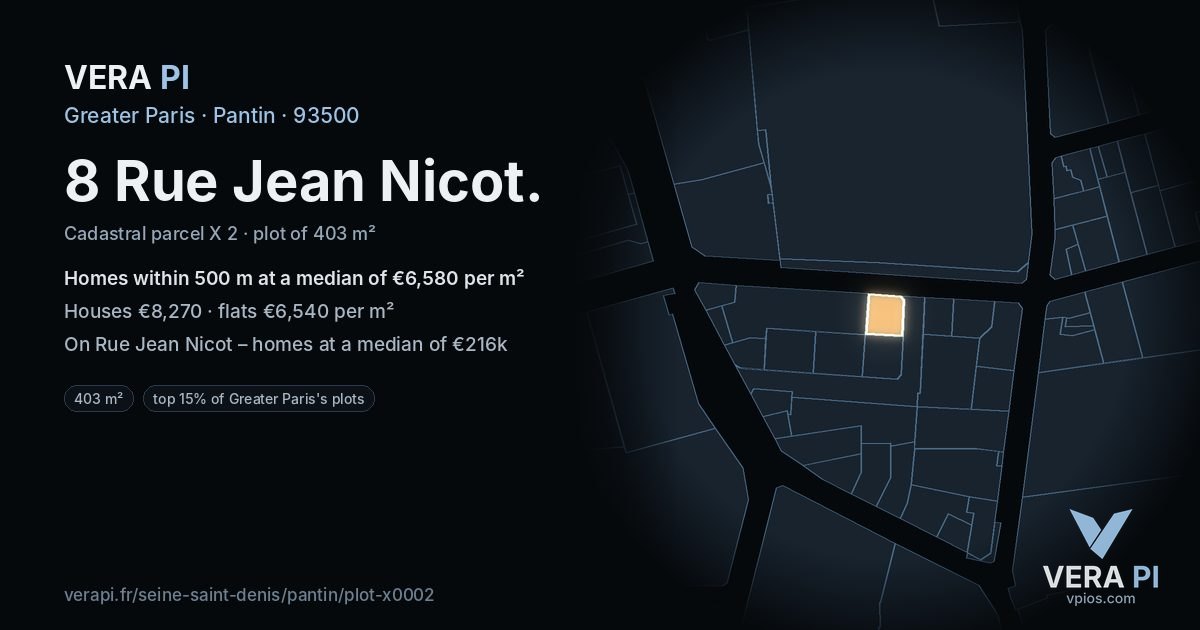 8 Rue Jean Nicot, Pantin at night – the plot lit, the parcels around coloured by the prices near them