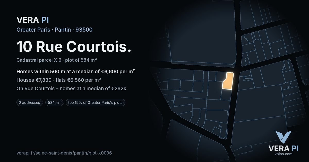 10 Rue Courtois, Pantin at night – the plot lit, the parcels around coloured by the prices near them