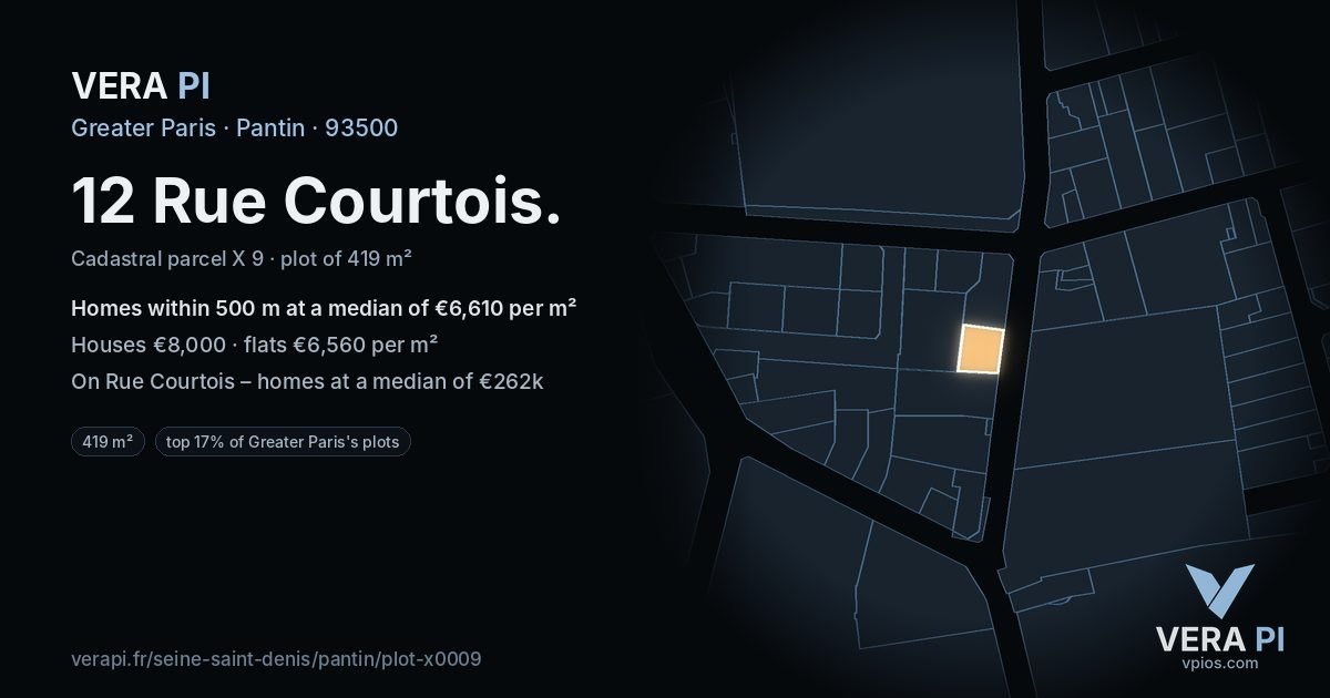 12 Rue Courtois, Pantin at night – the plot lit, the parcels around coloured by the prices near them