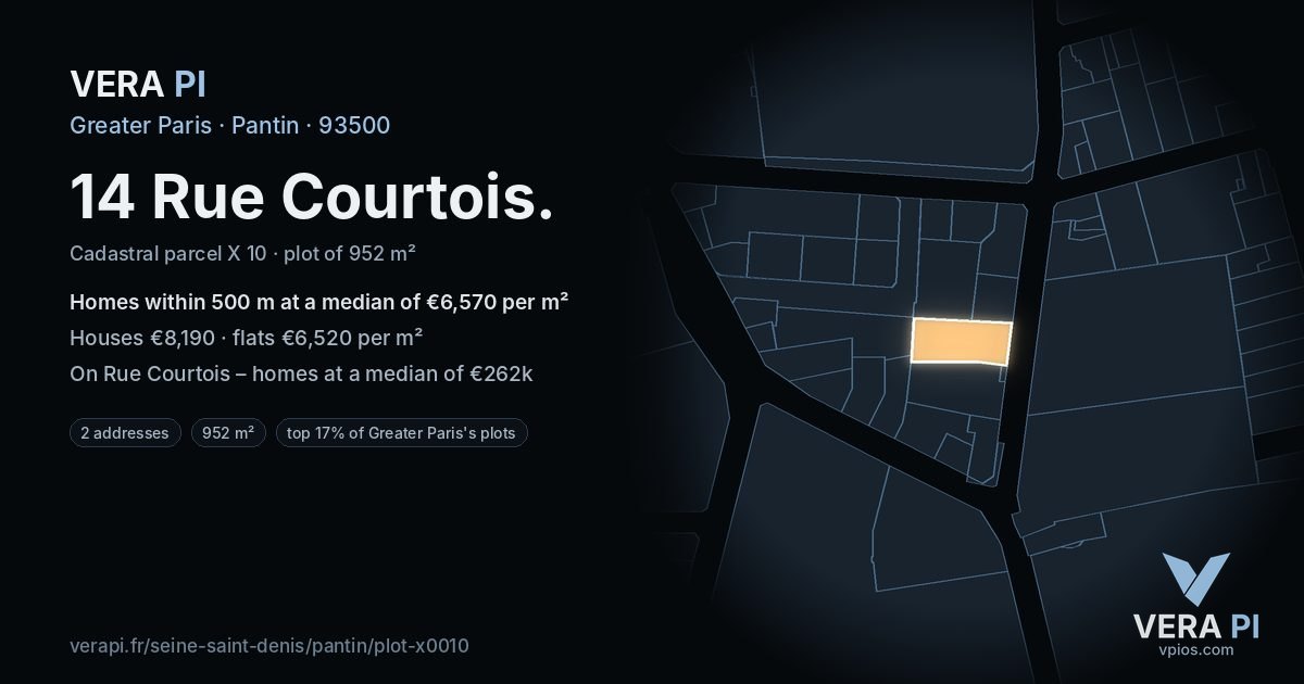 14 Rue Courtois, Pantin at night – the plot lit, the parcels around coloured by the prices near them