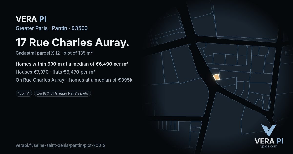 17 Rue Charles Auray, Pantin at night – the plot lit, the parcels around coloured by the prices near them