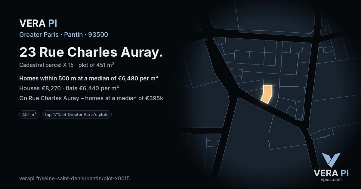 23 Rue Charles Auray, Pantin at night – the plot lit, the parcels around coloured by the prices near them