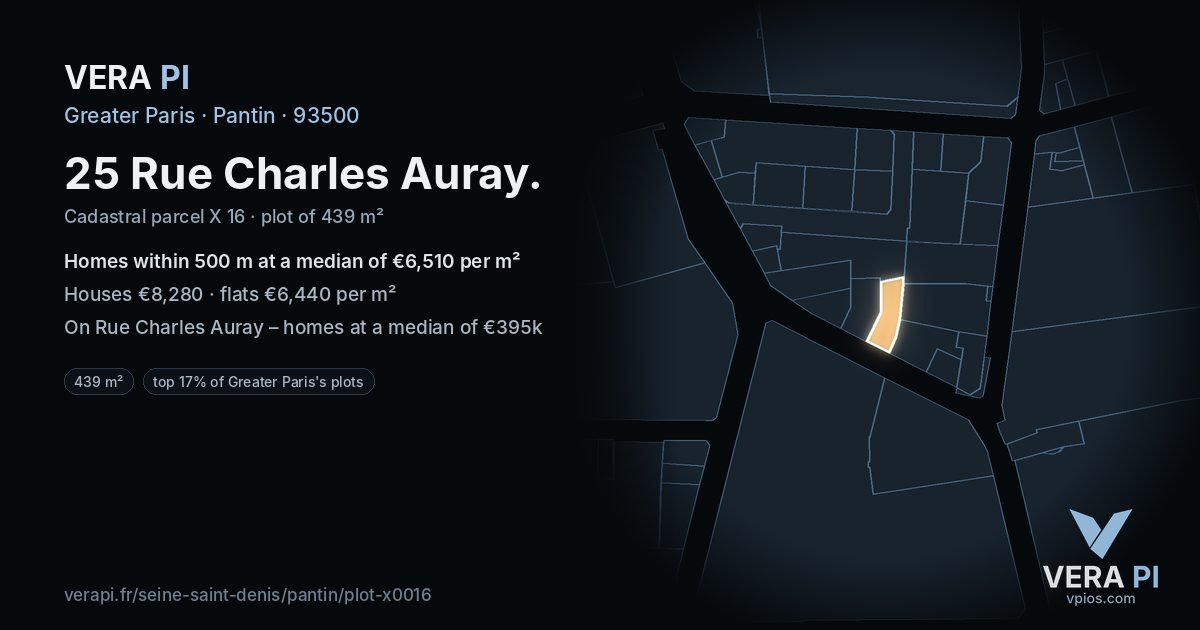 25 Rue Charles Auray, Pantin at night – the plot lit, the parcels around coloured by the prices near them