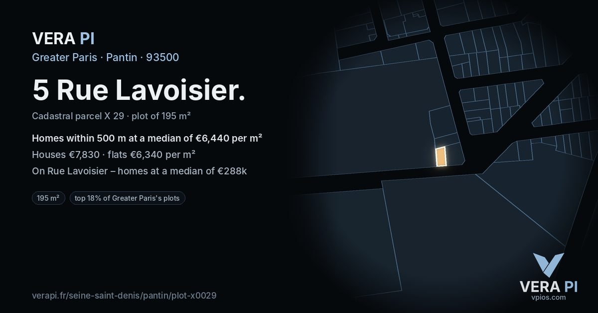 5 Rue Lavoisier, Pantin at night – the plot lit, the parcels around coloured by the prices near them