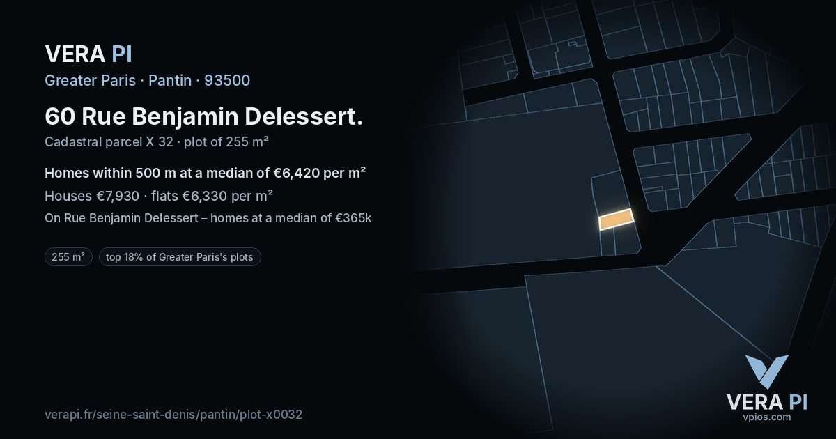 60 Rue Benjamin Delessert, Pantin at night – the plot lit, the parcels around coloured by the prices near them