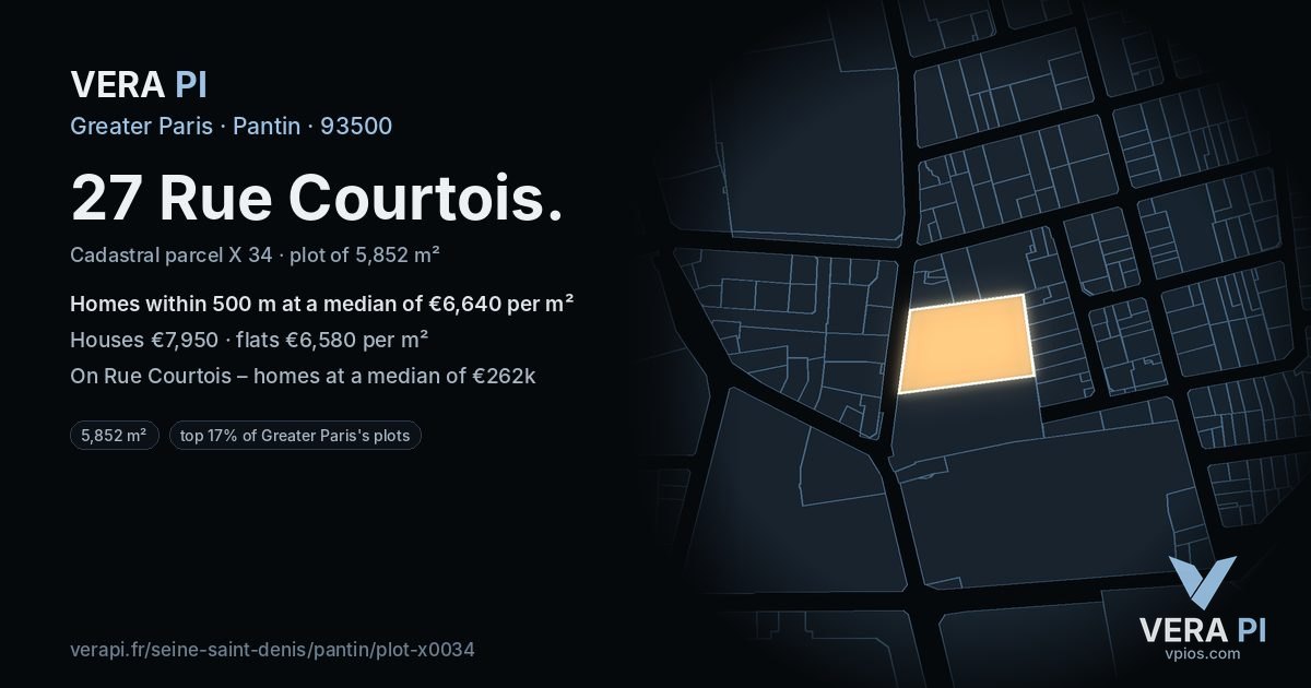 27 Rue Courtois, Pantin at night – the plot lit, the parcels around coloured by the prices near them