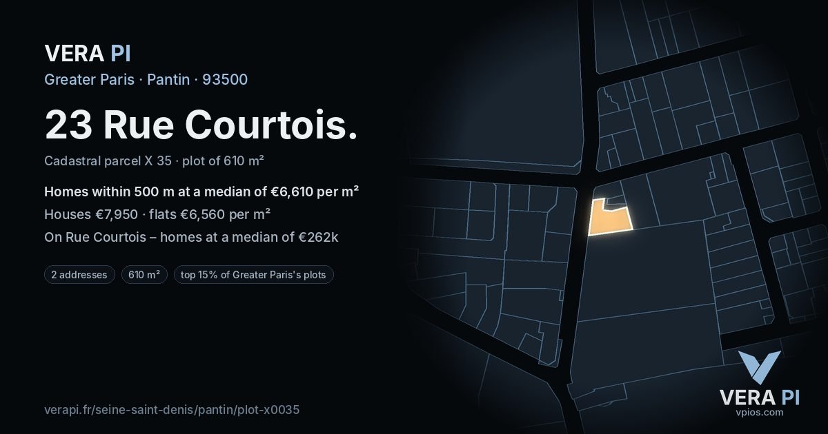 23 Rue Courtois, Pantin at night – the plot lit, the parcels around coloured by the prices near them
