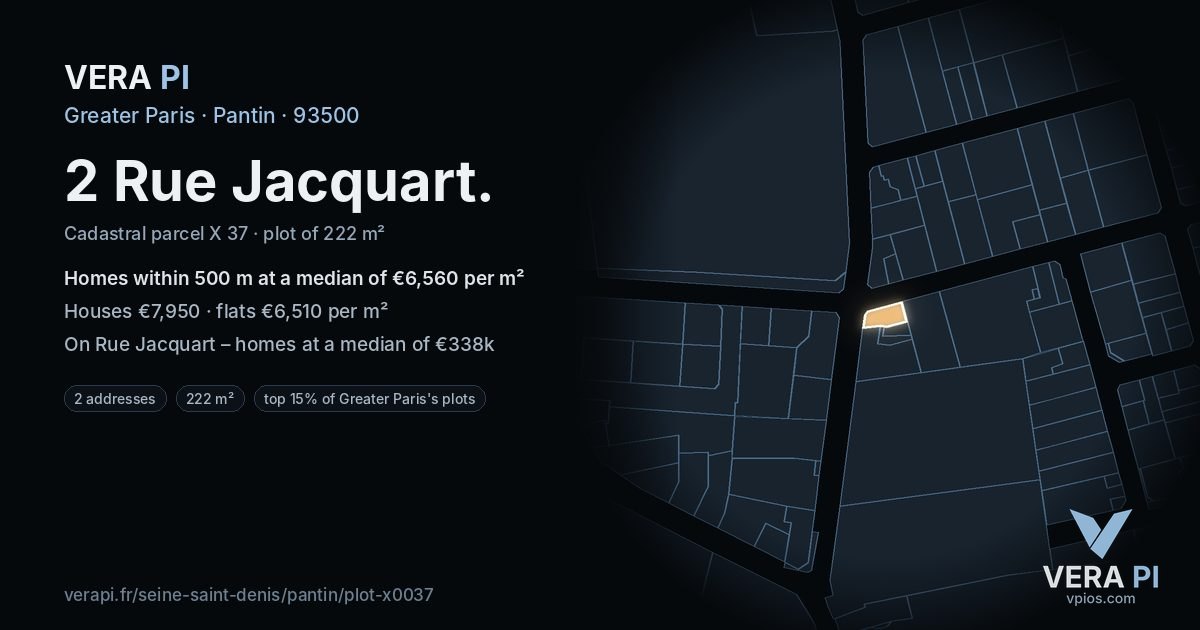 2 Rue Jacquart, Pantin at night – the plot lit, the parcels around coloured by the prices near them