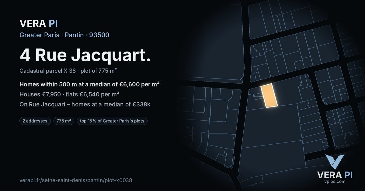 4 Rue Jacquart, Pantin at night – the plot lit, the parcels around coloured by the prices near them