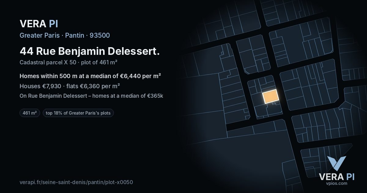 44 Rue Benjamin Delessert, Pantin at night – the plot lit, the parcels around coloured by the prices near them