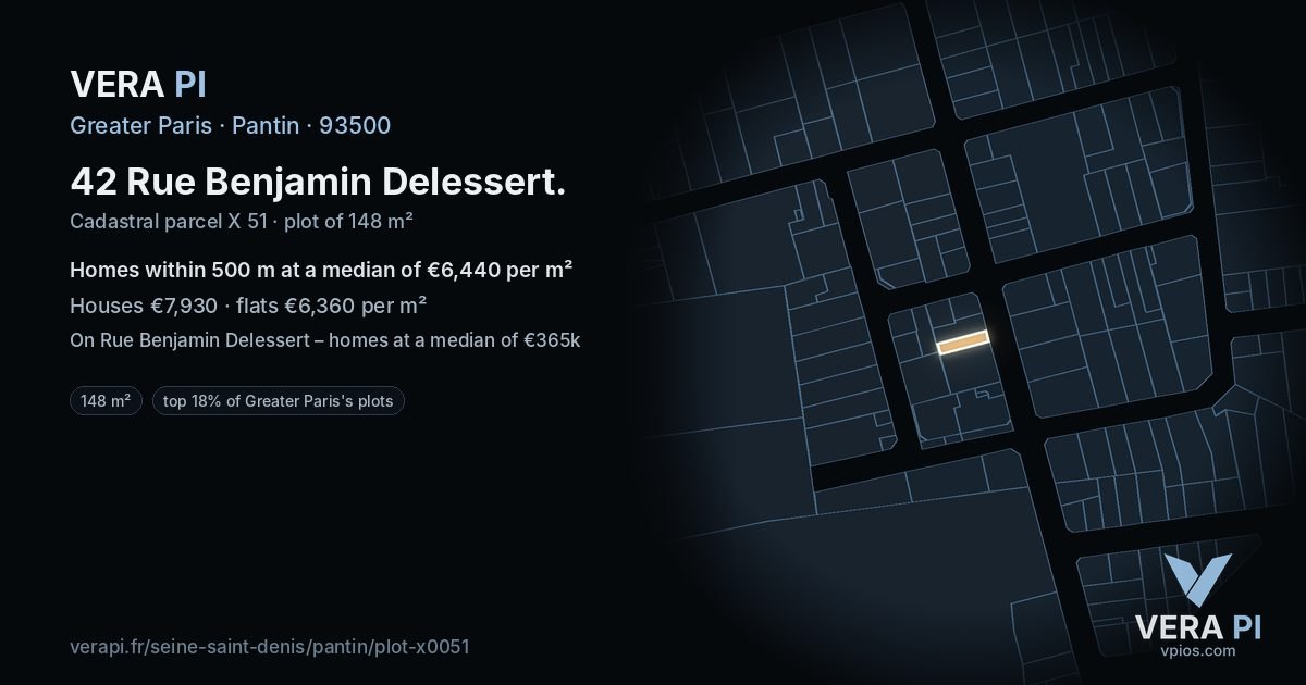42 Rue Benjamin Delessert, Pantin at night – the plot lit, the parcels around coloured by the prices near them