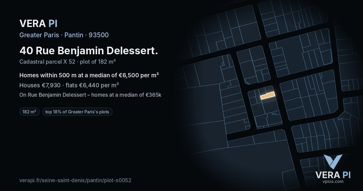 40 Rue Benjamin Delessert, Pantin at night – the plot lit, the parcels around coloured by the prices near them
