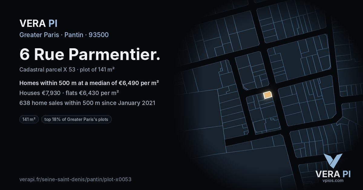 6 Rue Parmentier, Pantin at night – the plot lit, the parcels around coloured by the prices near them