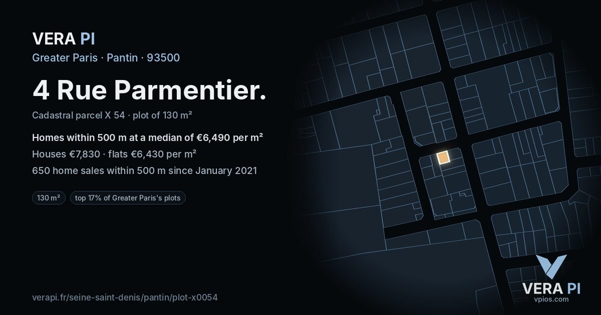4 Rue Parmentier, Pantin at night – the plot lit, the parcels around coloured by the prices near them