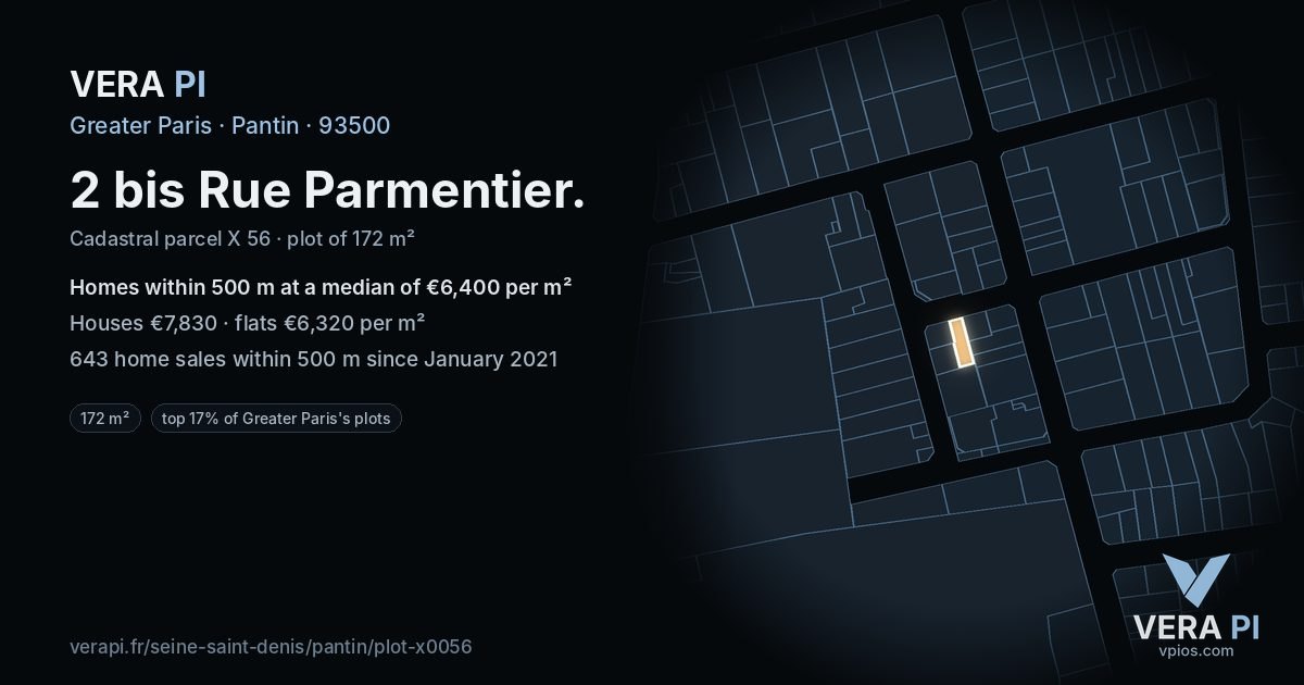 2 bis Rue Parmentier, Pantin at night – the plot lit, the parcels around coloured by the prices near them