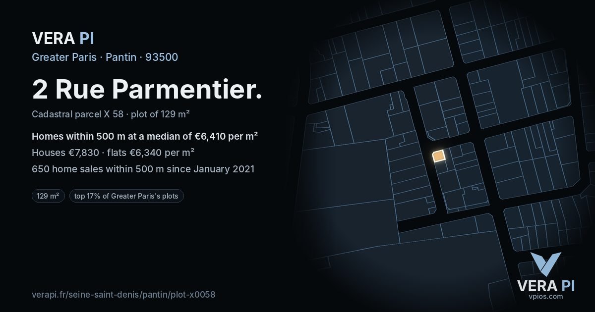 2 Rue Parmentier, Pantin at night – the plot lit, the parcels around coloured by the prices near them