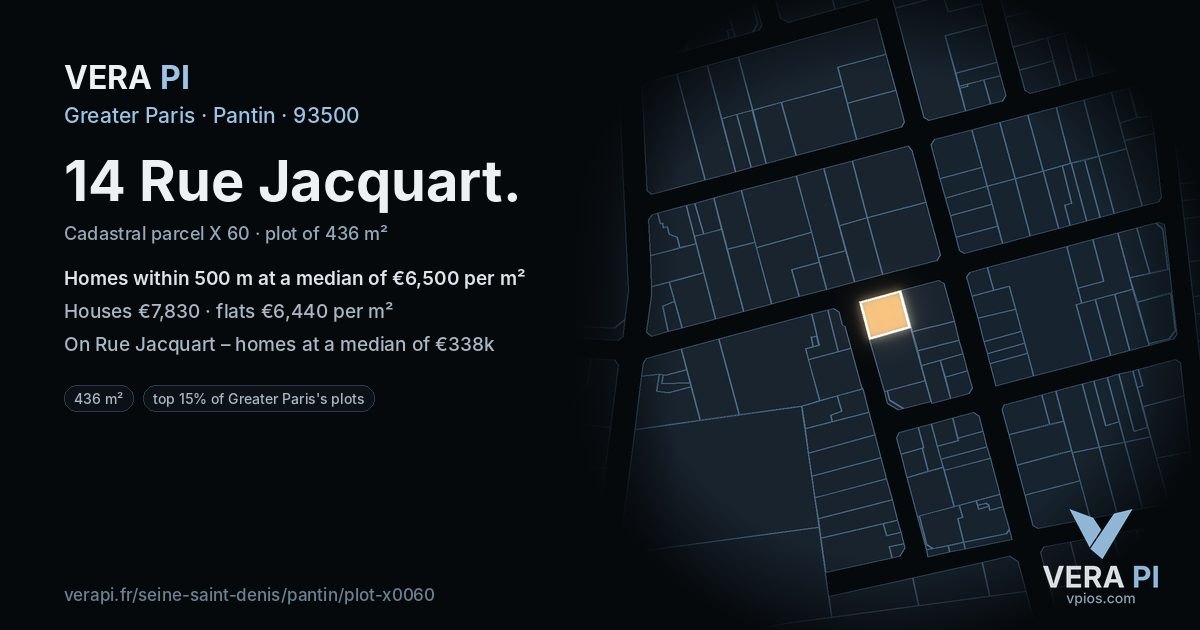 14 Rue Jacquart, Pantin at night – the plot lit, the parcels around coloured by the prices near them