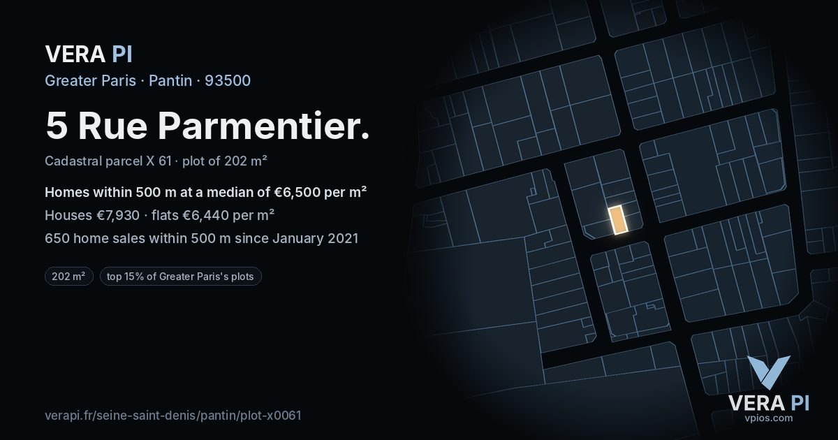 5 Rue Parmentier, Pantin at night – the plot lit, the parcels around coloured by the prices near them
