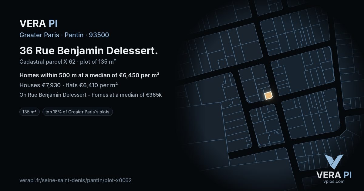 36 Rue Benjamin Delessert, Pantin at night – the plot lit, the parcels around coloured by the prices near them