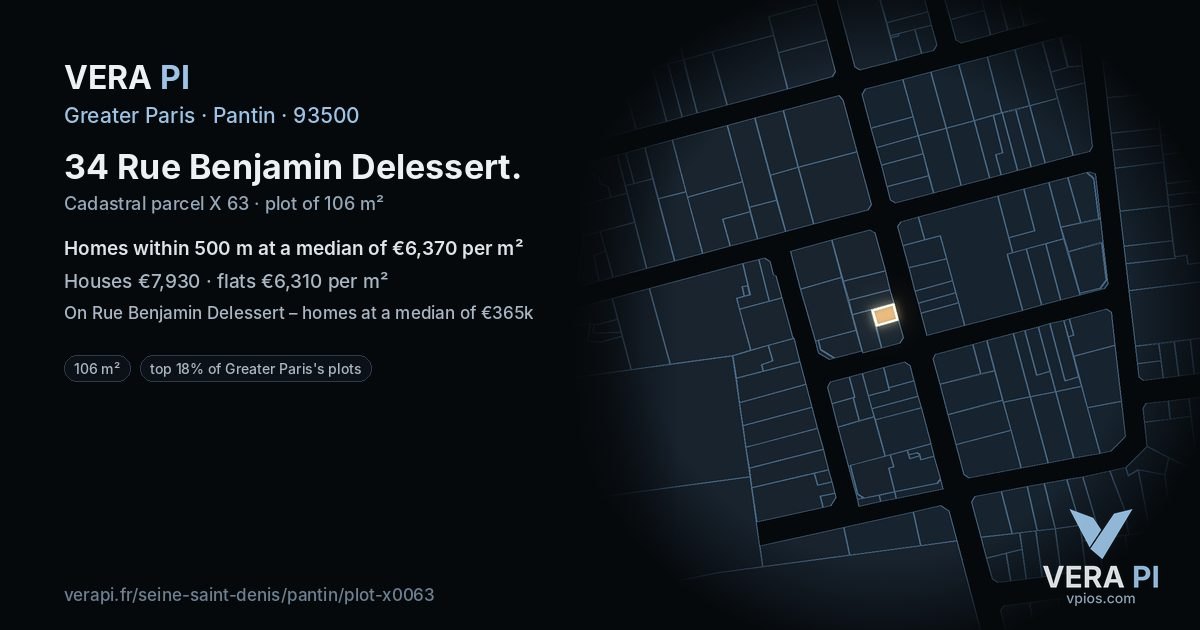 34 Rue Benjamin Delessert, Pantin at night – the plot lit, the parcels around coloured by the prices near them