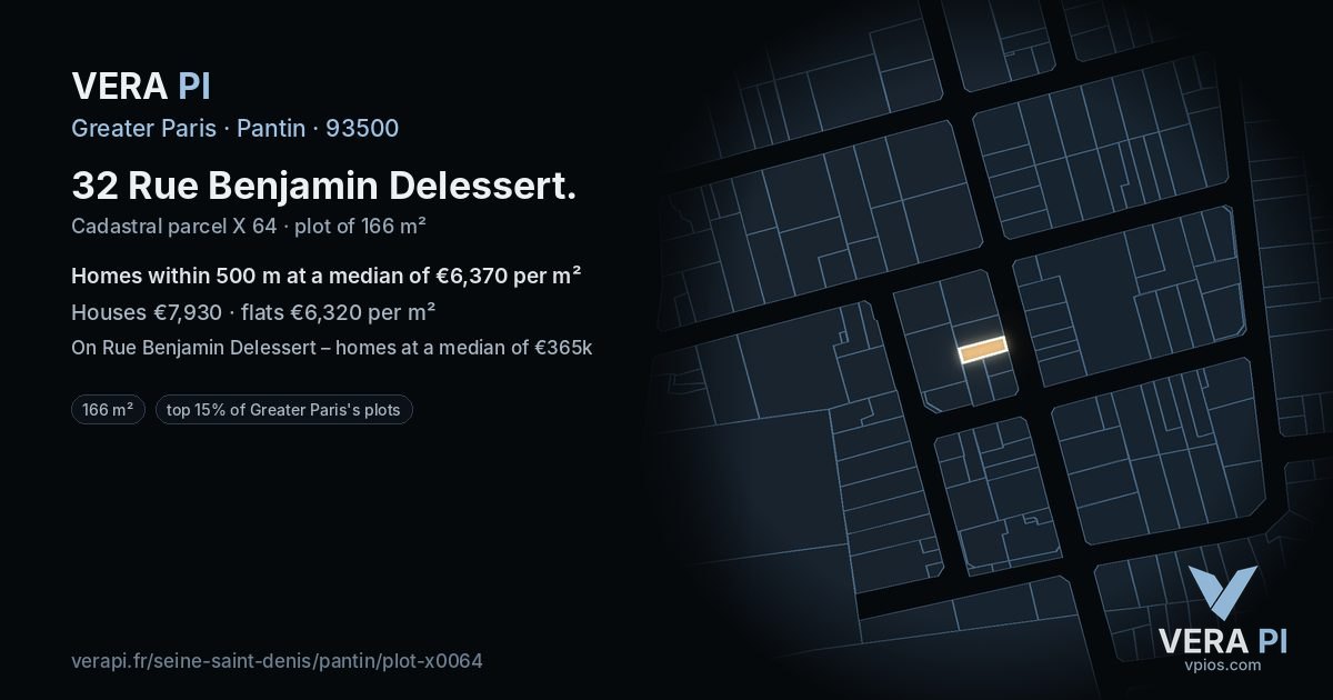 32 Rue Benjamin Delessert, Pantin at night – the plot lit, the parcels around coloured by the prices near them