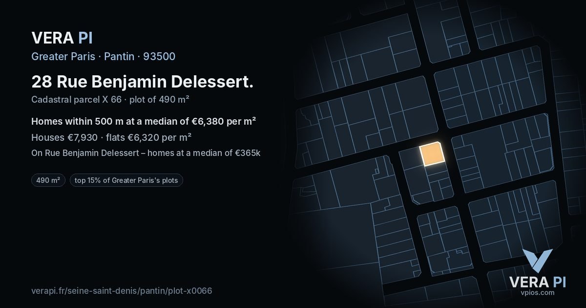 28 Rue Benjamin Delessert, Pantin at night – the plot lit, the parcels around coloured by the prices near them