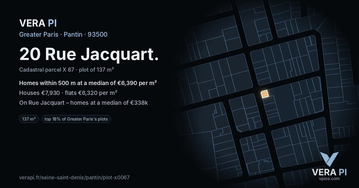 20 Rue Jacquart, Pantin at night – the plot lit, the parcels around coloured by the prices near them