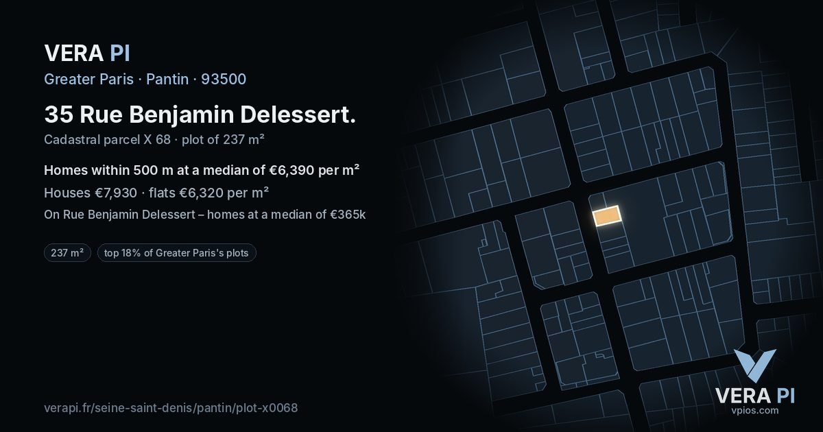 35 Rue Benjamin Delessert, Pantin at night – the plot lit, the parcels around coloured by the prices near them