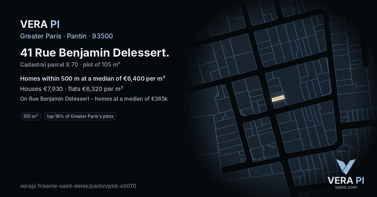 41 Rue Benjamin Delessert, Pantin at night – the plot lit, the parcels around coloured by the prices near them