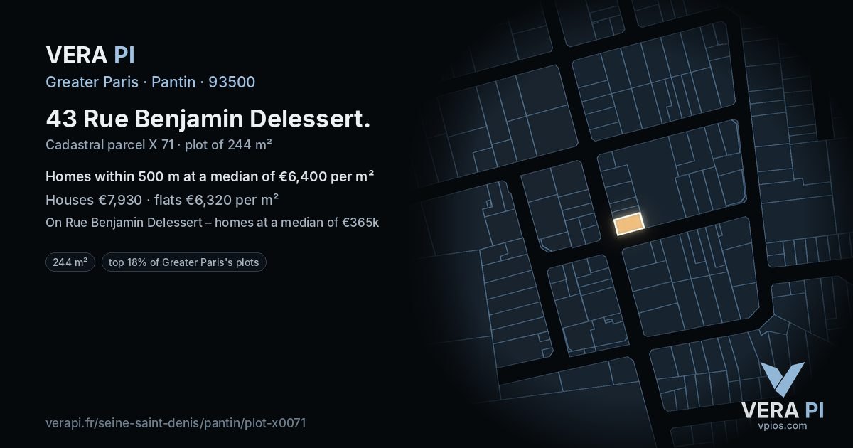 43 Rue Benjamin Delessert, Pantin at night – the plot lit, the parcels around coloured by the prices near them