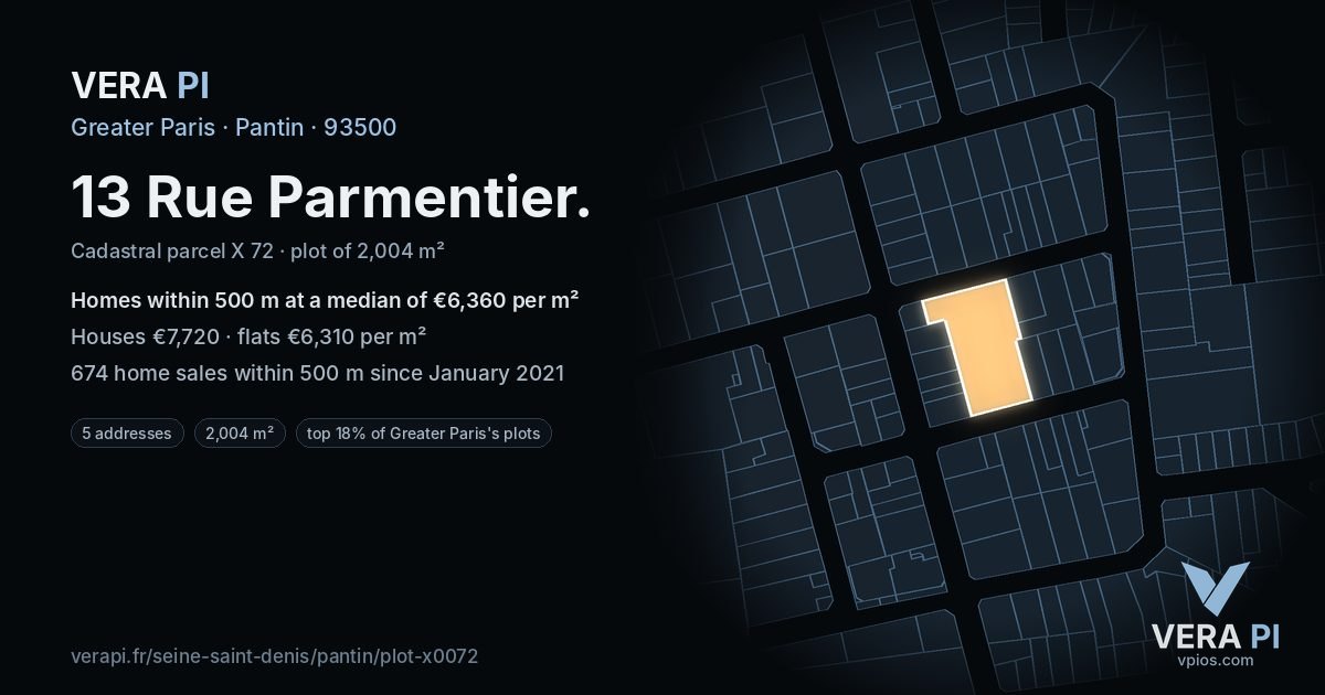 13 Rue Parmentier, Pantin at night – the plot lit, the parcels around coloured by the prices near them