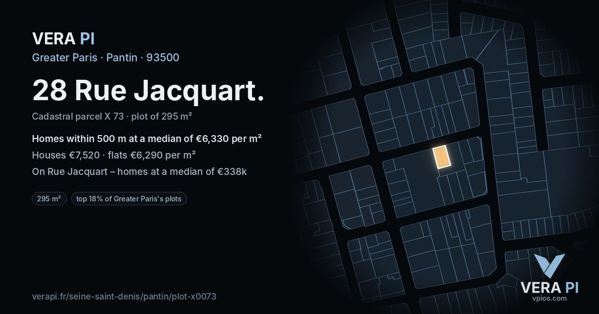28 Rue Jacquart, Pantin at night – the plot lit, the parcels around coloured by the prices near them