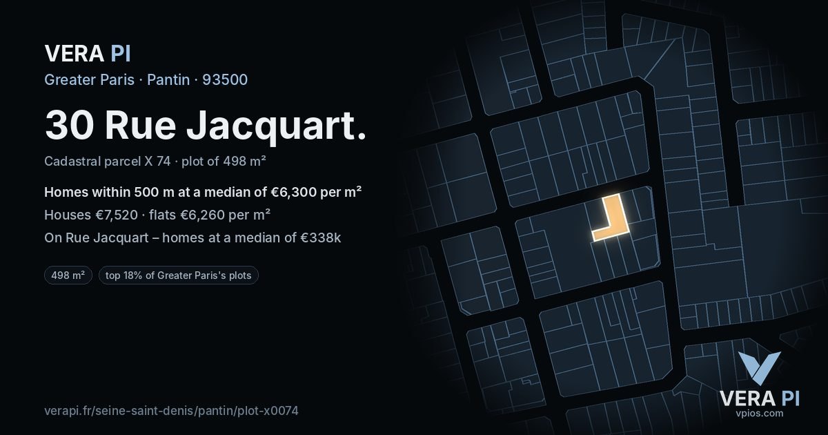30 Rue Jacquart, Pantin at night – the plot lit, the parcels around coloured by the prices near them