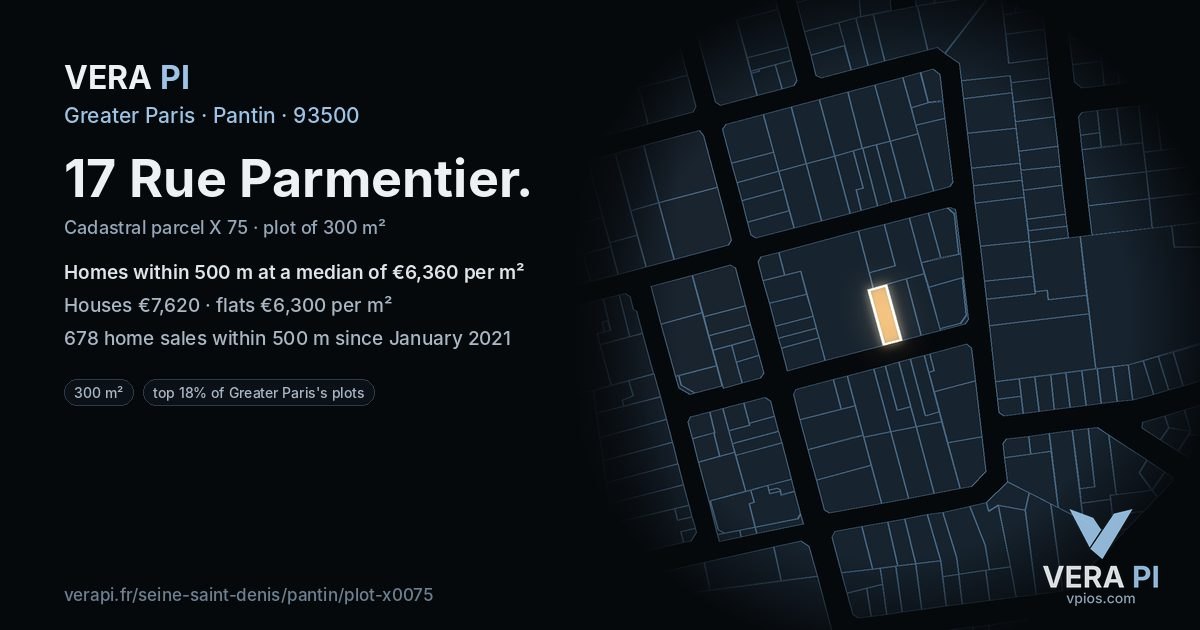 17 Rue Parmentier, Pantin at night – the plot lit, the parcels around coloured by the prices near them