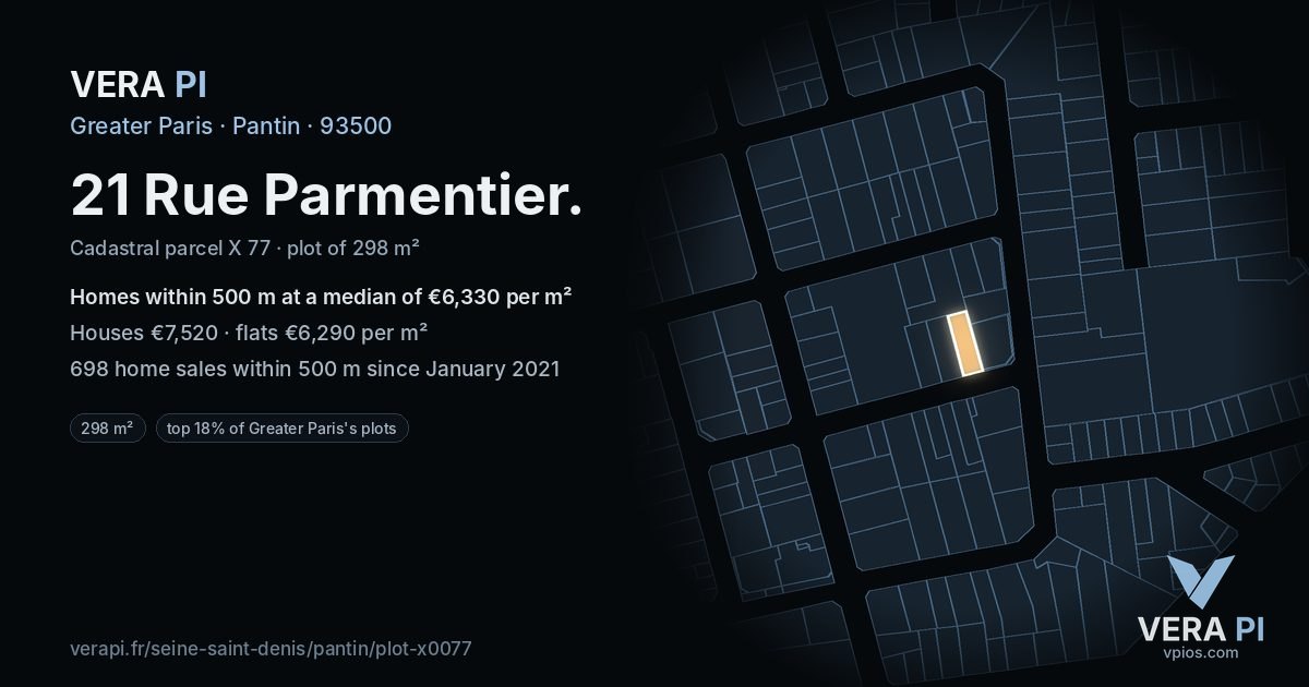 21 Rue Parmentier, Pantin at night – the plot lit, the parcels around coloured by the prices near them