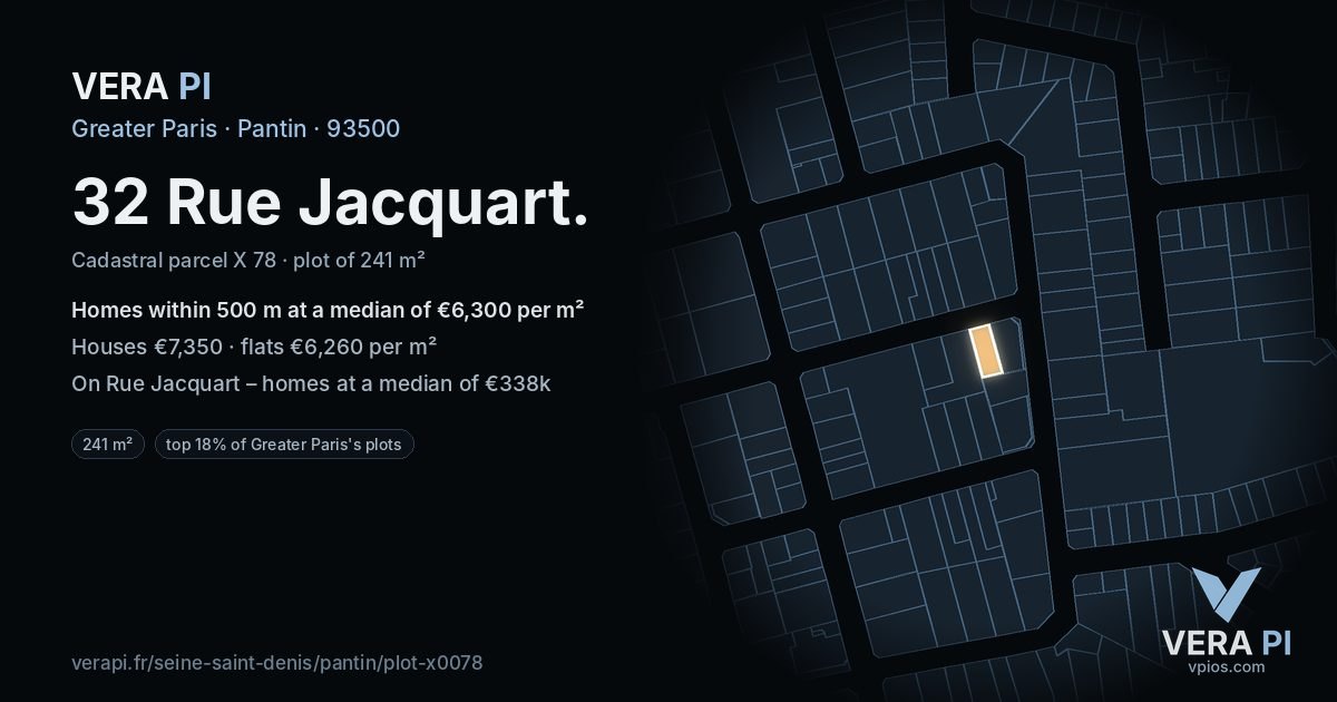 32 Rue Jacquart, Pantin at night – the plot lit, the parcels around coloured by the prices near them