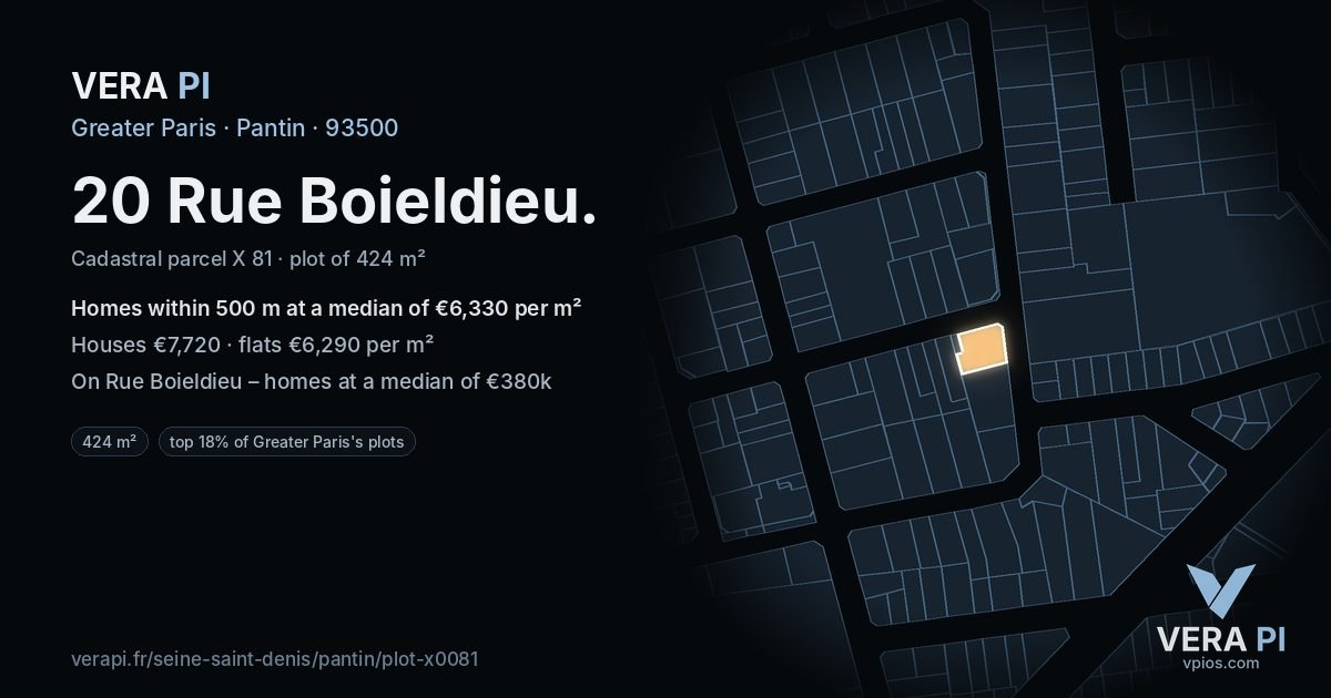 20 Rue Boieldieu, Pantin at night – the plot lit, the parcels around coloured by the prices near them