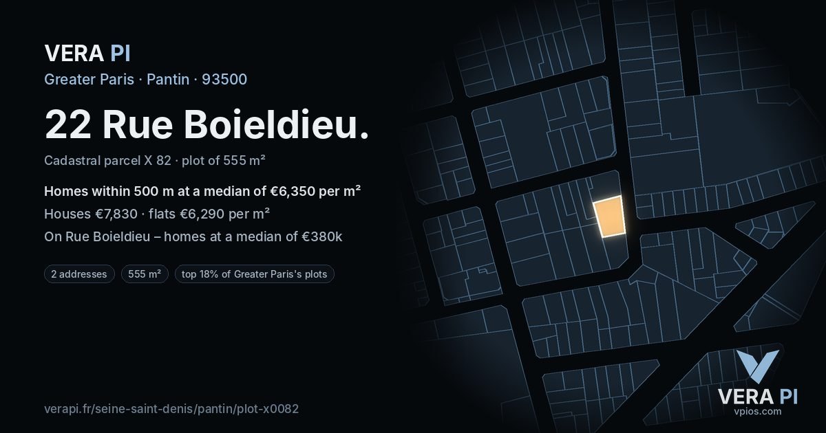 22 Rue Boieldieu, Pantin at night – the plot lit, the parcels around coloured by the prices near them