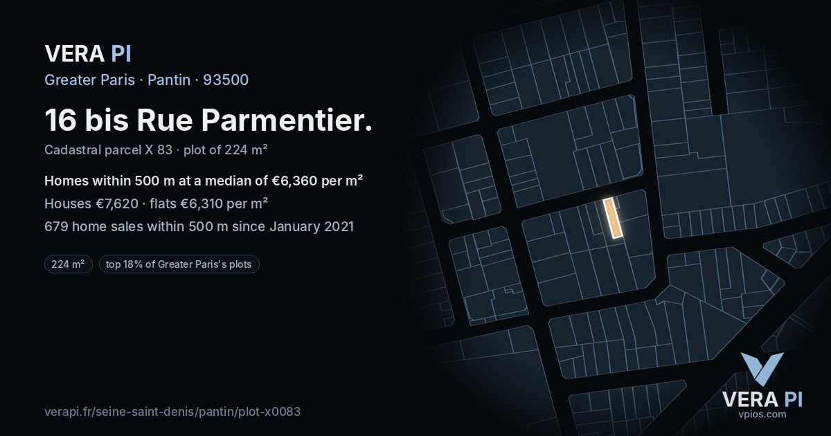 16 bis Rue Parmentier, Pantin at night – the plot lit, the parcels around coloured by the prices near them