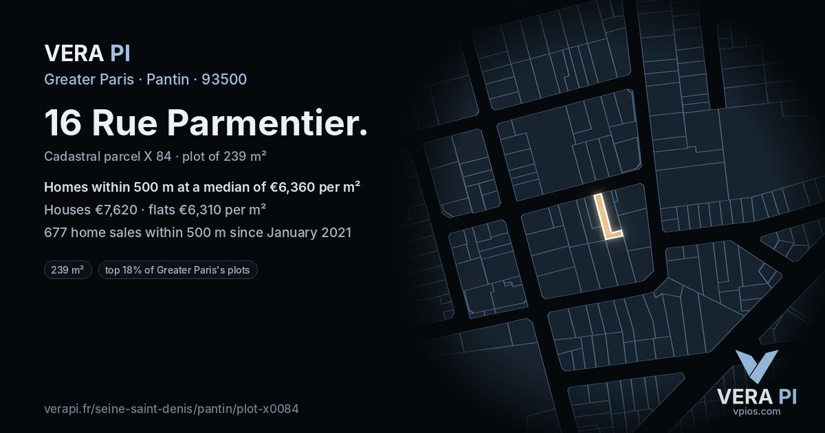 16 Rue Parmentier, Pantin at night – the plot lit, the parcels around coloured by the prices near them