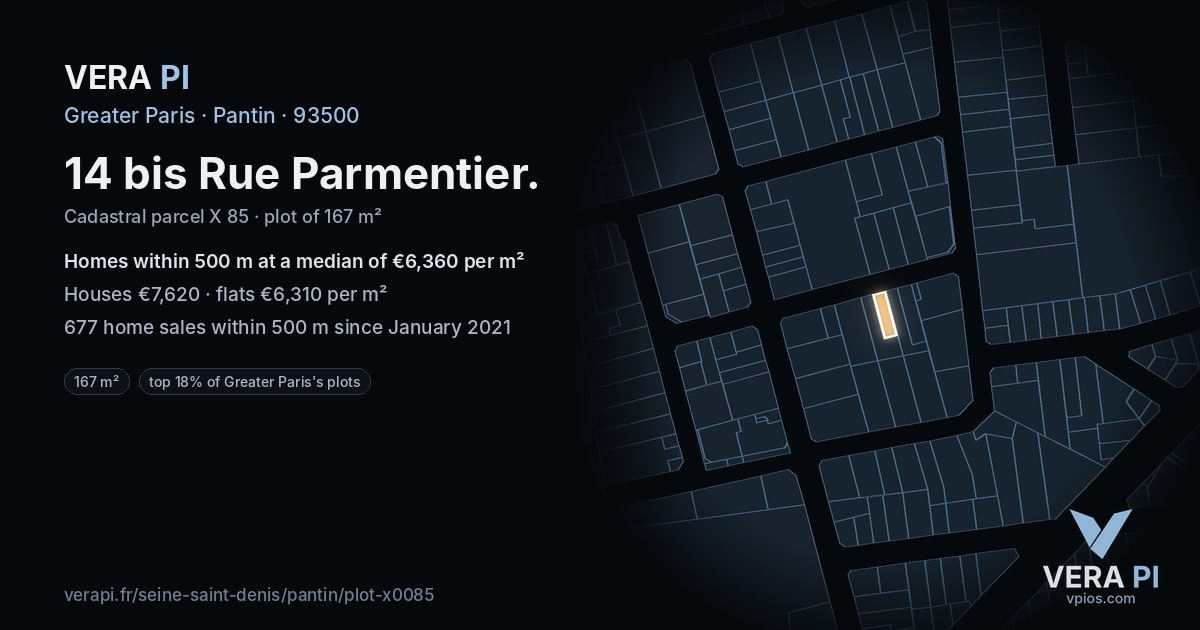 14 bis Rue Parmentier, Pantin at night – the plot lit, the parcels around coloured by the prices near them