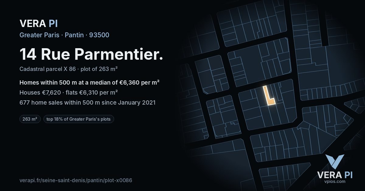 14 Rue Parmentier, Pantin at night – the plot lit, the parcels around coloured by the prices near them