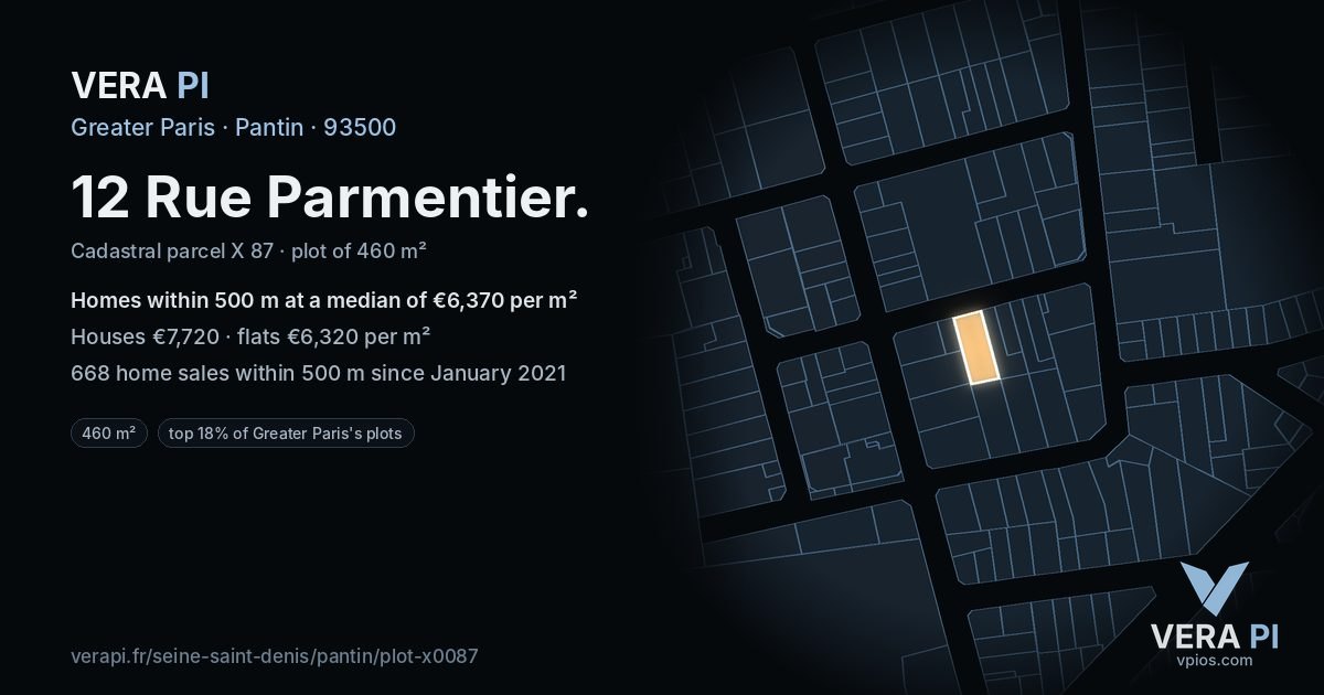 12 Rue Parmentier, Pantin at night – the plot lit, the parcels around coloured by the prices near them