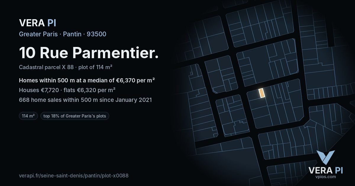 10 Rue Parmentier, Pantin at night – the plot lit, the parcels around coloured by the prices near them