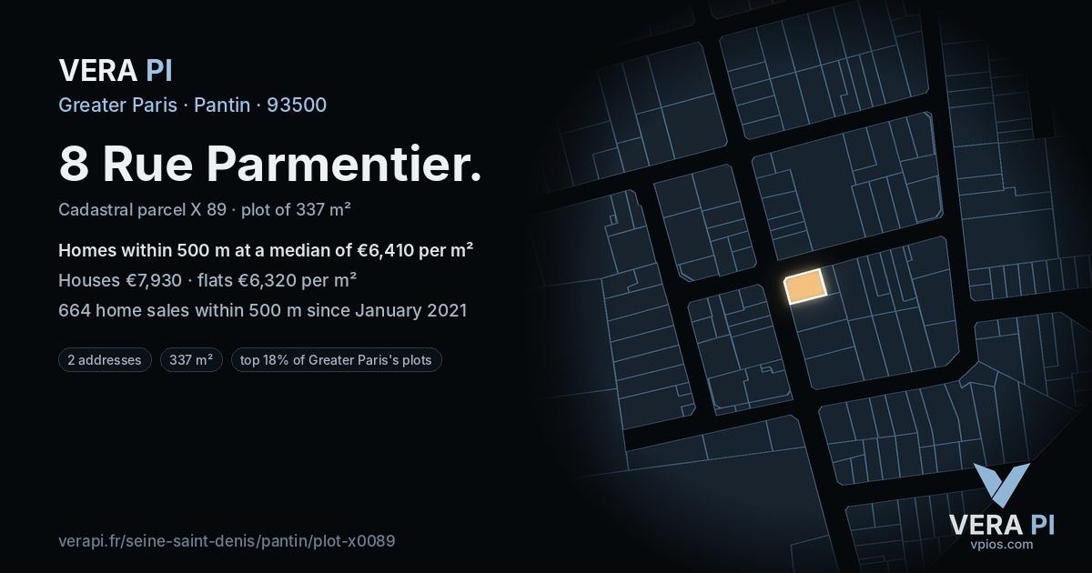 8 Rue Parmentier, Pantin at night – the plot lit, the parcels around coloured by the prices near them