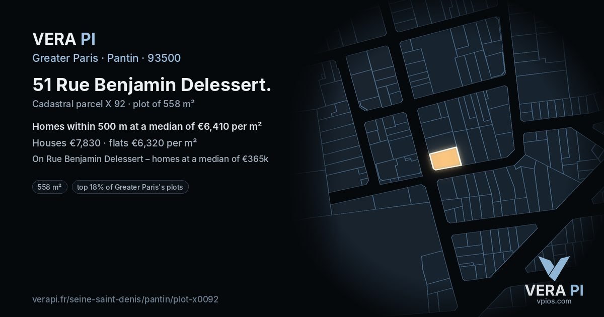 51 Rue Benjamin Delessert, Pantin at night – the plot lit, the parcels around coloured by the prices near them