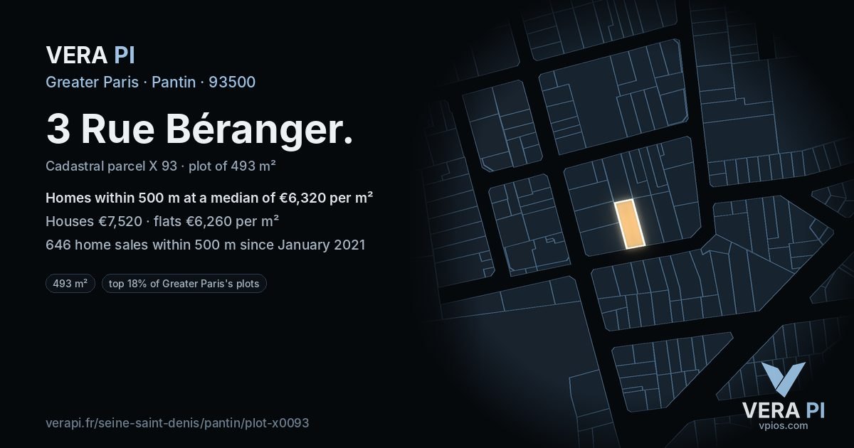 3 Rue Béranger, Pantin at night – the plot lit, the parcels around coloured by the prices near them