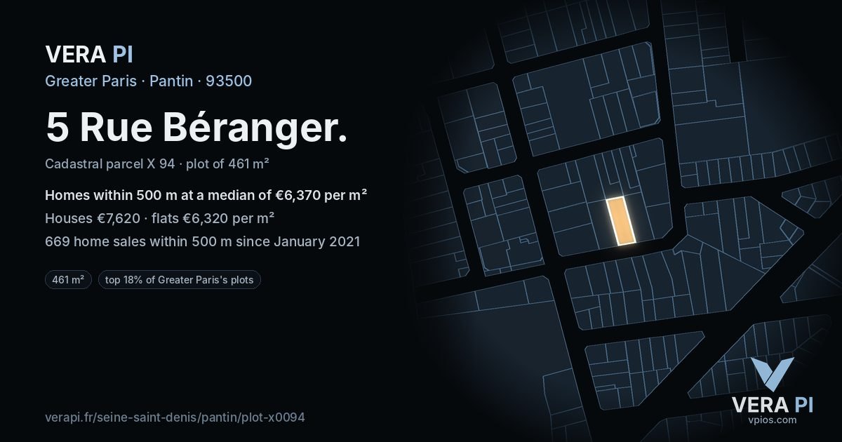 5 Rue Béranger, Pantin at night – the plot lit, the parcels around coloured by the prices near them
